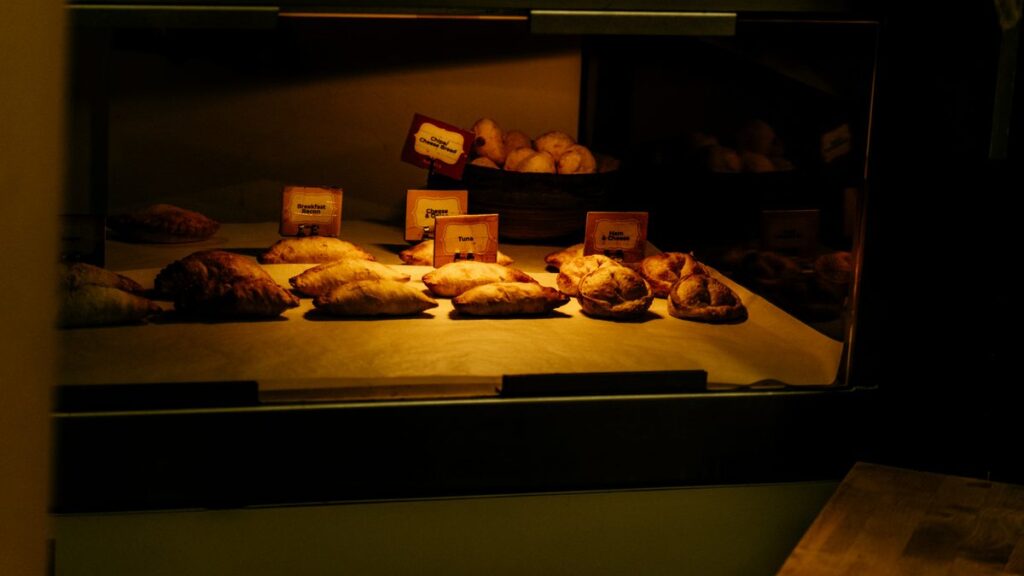 Pastries displayed in a bakery case